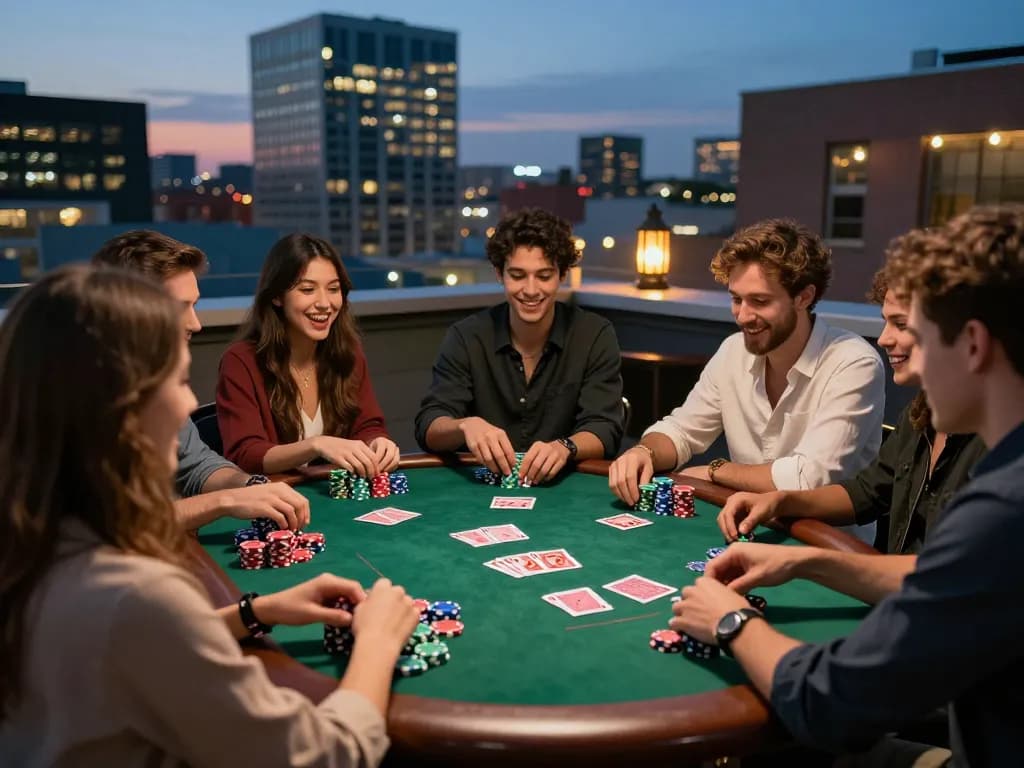 Bạn bè câu lạc bộ B52 đang chiến lược trong một trò chơi poker sôi nổi, với các chip màu sắc và bối cảnh đường chân trời thành phố làm nổi bật sự hào hứng trong trò chơi xã hội.