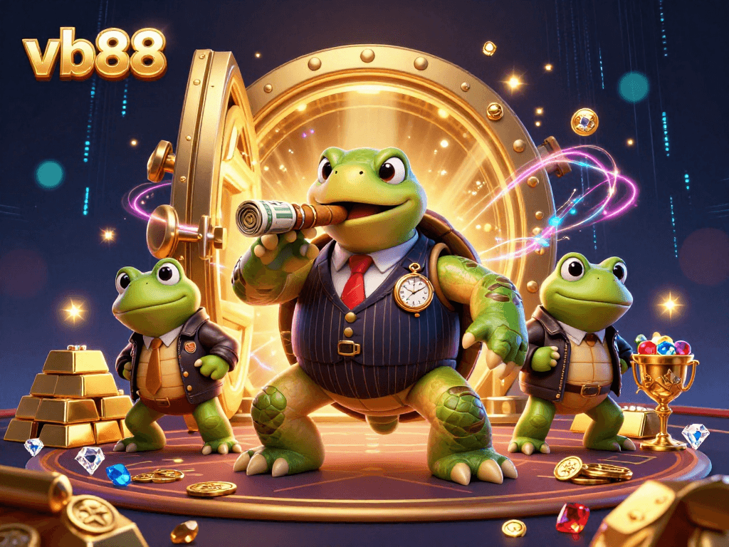 Engage with vb88 through vibrant cartoon characters amidst gold and gems in a whimsical casino scene.