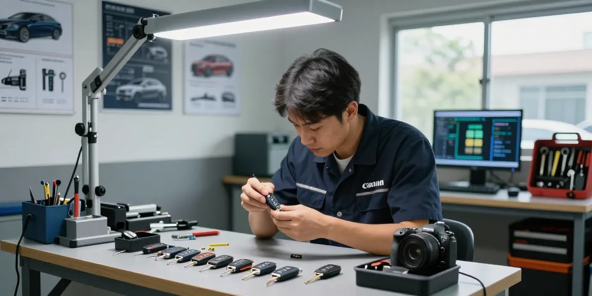 Techniker bei der Reparatur eines Autoschlüssels, Hier klicken für professionelle Lösungen.