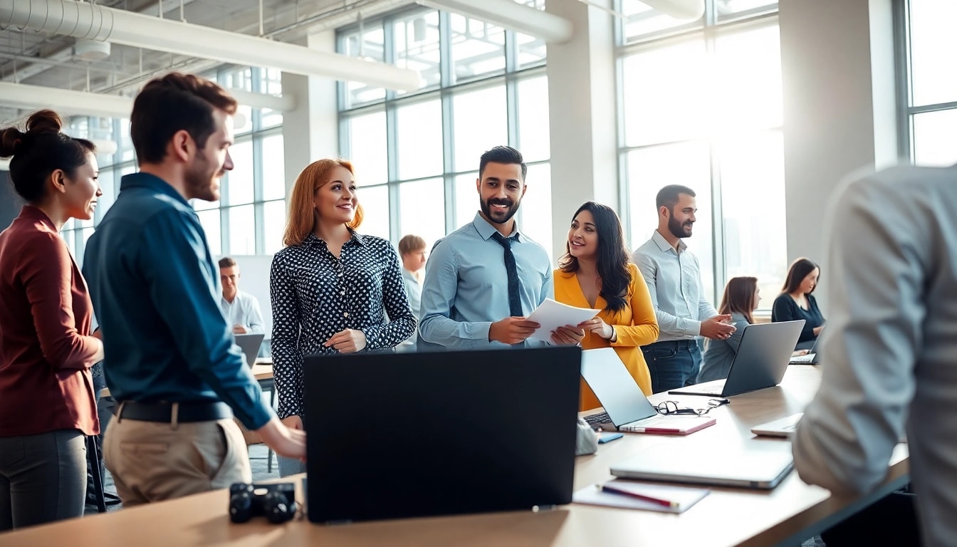 Personalvermittlung in einem modernen Büro mit Mitarbeitern, die aktiv arbeiten.