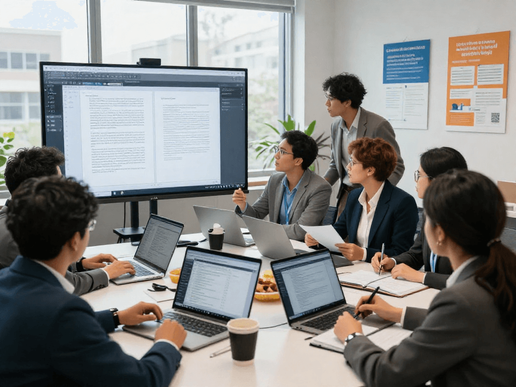 Team collaborating on document fraud detection strategies in a modern office.