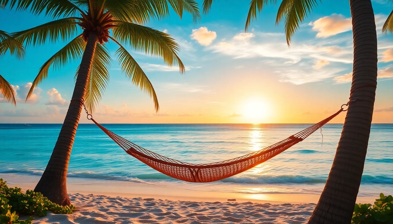 Fernreisen in einem entspannenden Urlaubsort mit einer Hängematte am Strand.
