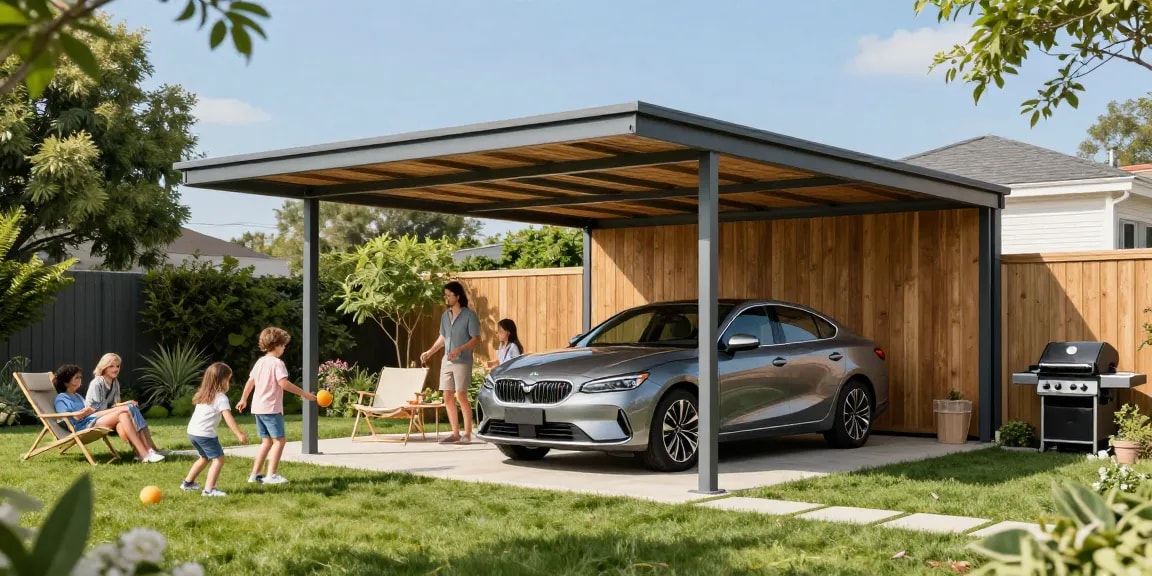 Moderner Carport mit eleganter Familienautoparkplatz und Gartenumgebung, ideal für Freizeitaktivitäten.