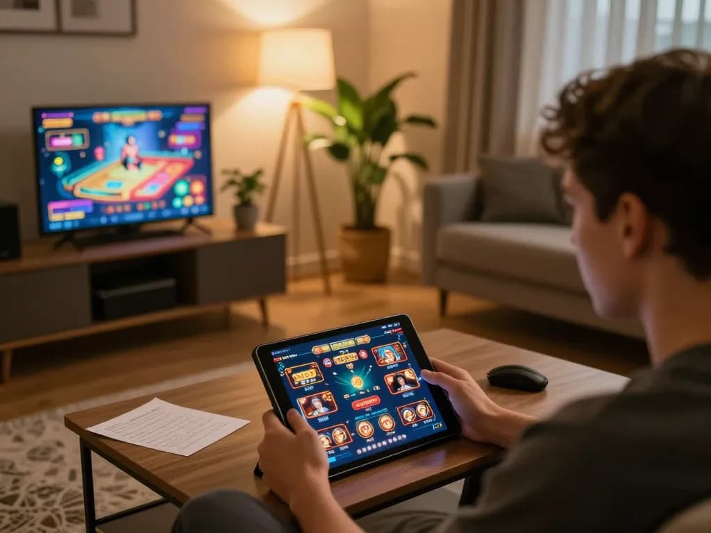 Player enjoying online gambling experiences on mk8th tablet while tracking strategies in a cozy setting