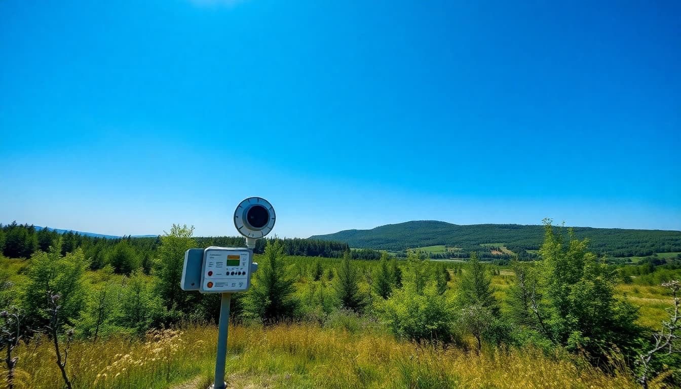 Klima optimieren mit einem modernen Klimakontrollgerät im Grünen unter blauem Himmel.