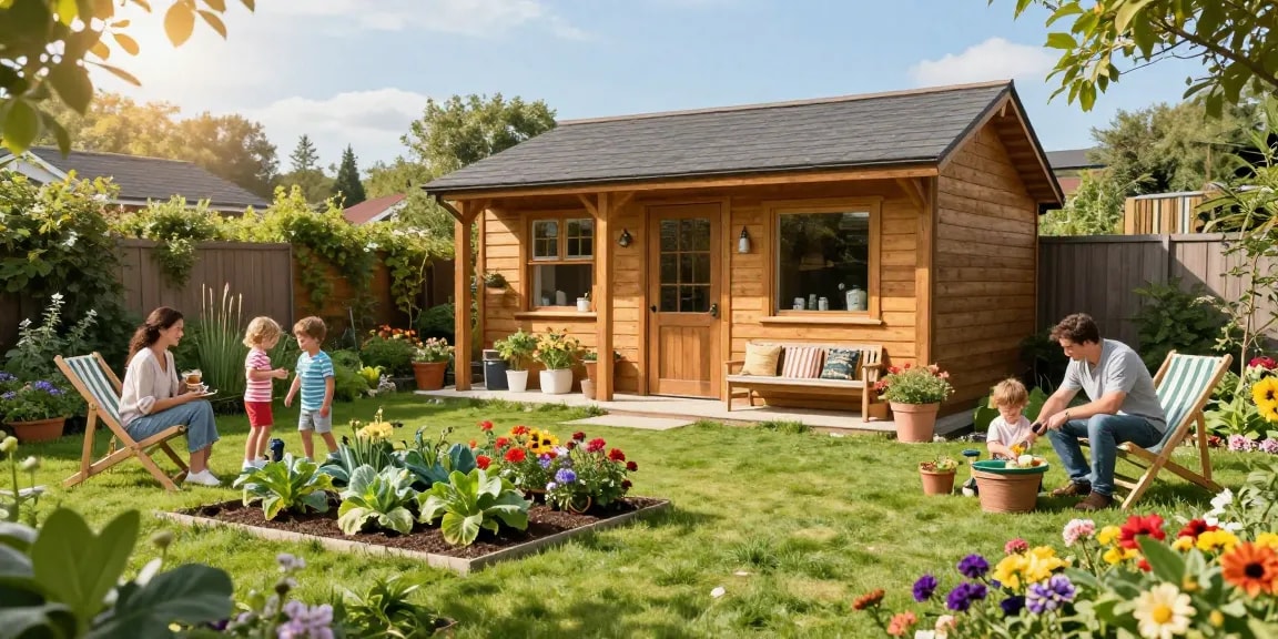 Schönes Gartenhaus Holz in einem einladenden Garten, umgeben von Blumen und einer Familie, die die Natur genießt.