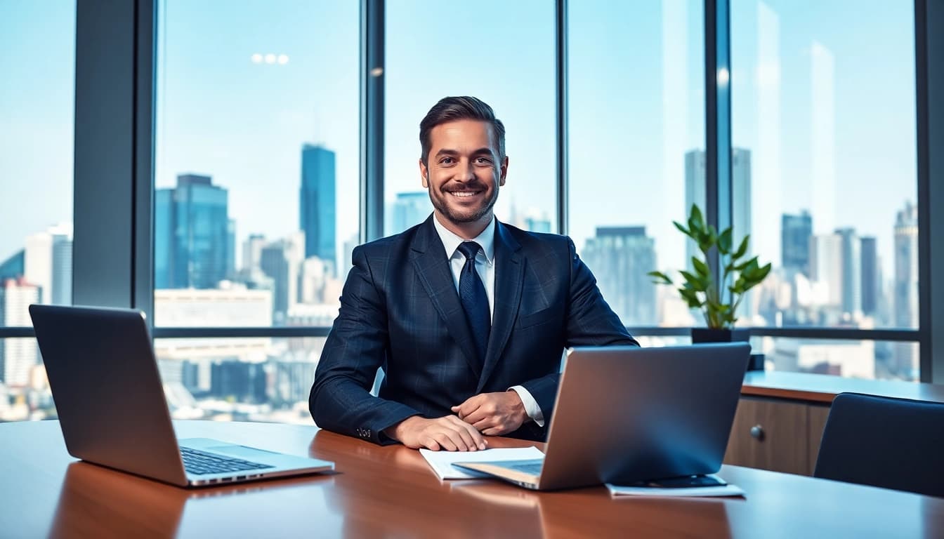 Immobilienmakler Frankfurt Riedberg berät Kunden in modernem Büro mit Stadtblick.