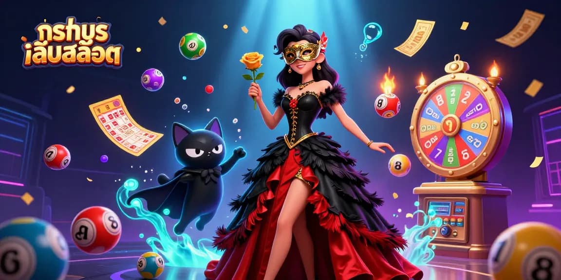 Engage in ทดลองเล่นสล็อต with a stunning casino-themed illustration featuring vibrant elements and characters.