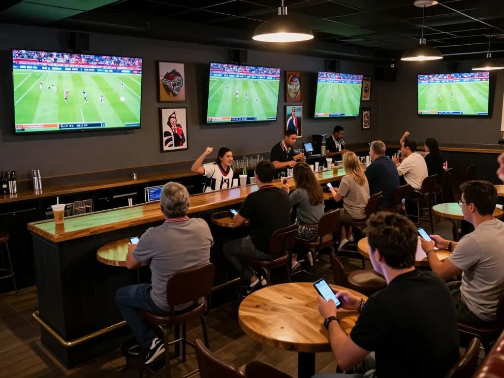 Fans engaging in live sports betting at a sports bar using keonhacaii for real-time odds
