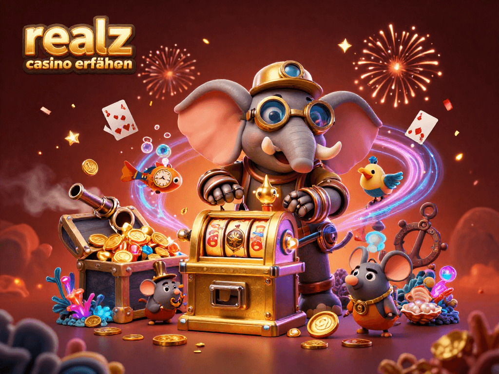 Erlebe spannende Realz Casino Erfahrungen mit einem zentralen Steampunk-Elefanten an einem goldenen Spielautomaten.