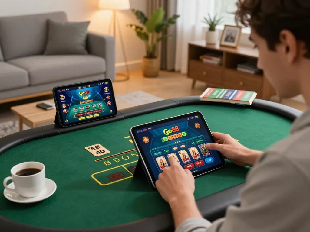 Người chơi tương tác với ứng dụng casino Go 88 trên máy tính bảng, bao quanh là không gian ấm cúng tại nhà