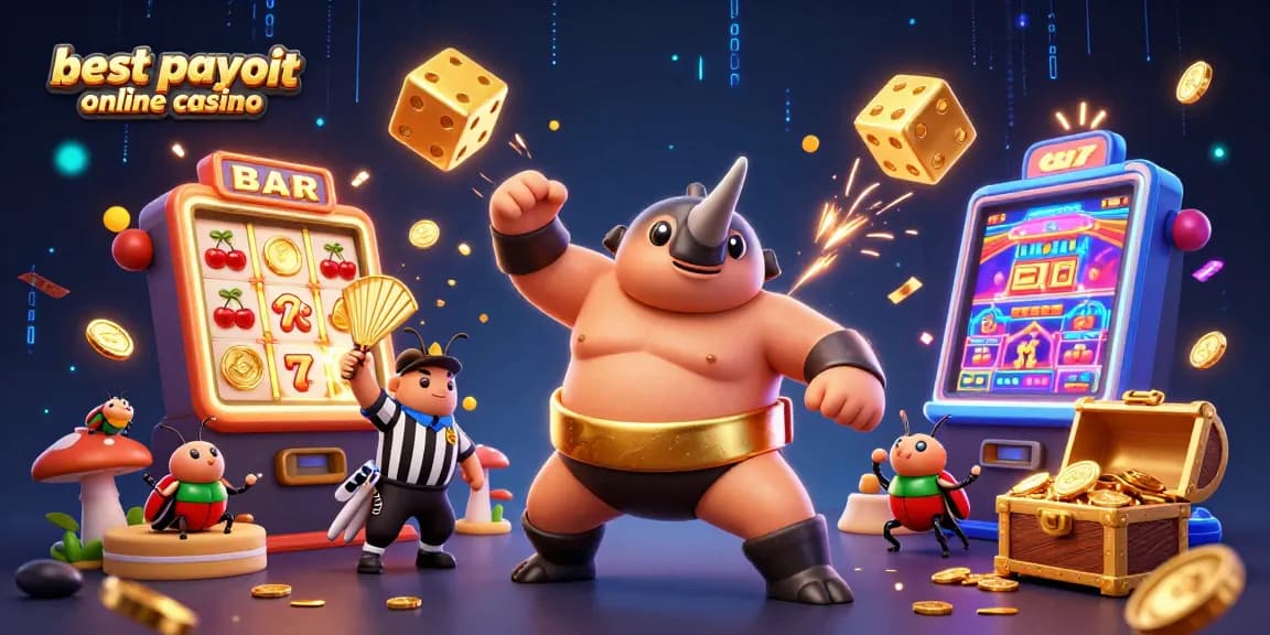 Experience the excitement of the best payout online casino with a dynamic 3D illustration of a rhinoceros beetle champion.