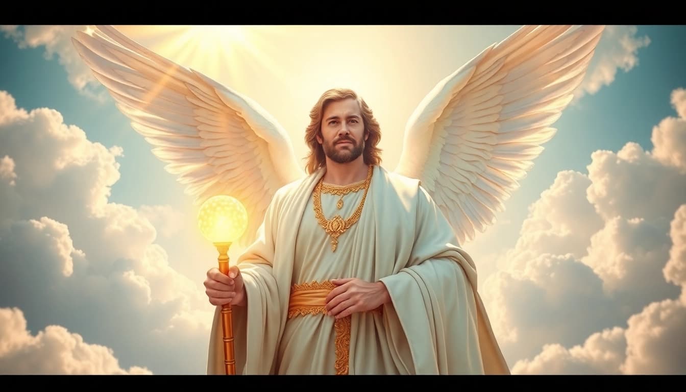 Erzengel Raphael strahlt in einem himmlischen Hintergrund und symbolisiert Heilung und Weisheit.