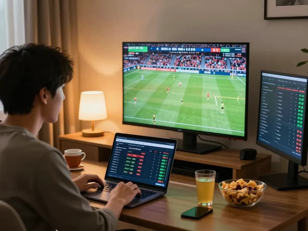 Engaged bettor analyzing tỷ lệ kèo nhà cái hôm nay on their laptop during a live sports event.