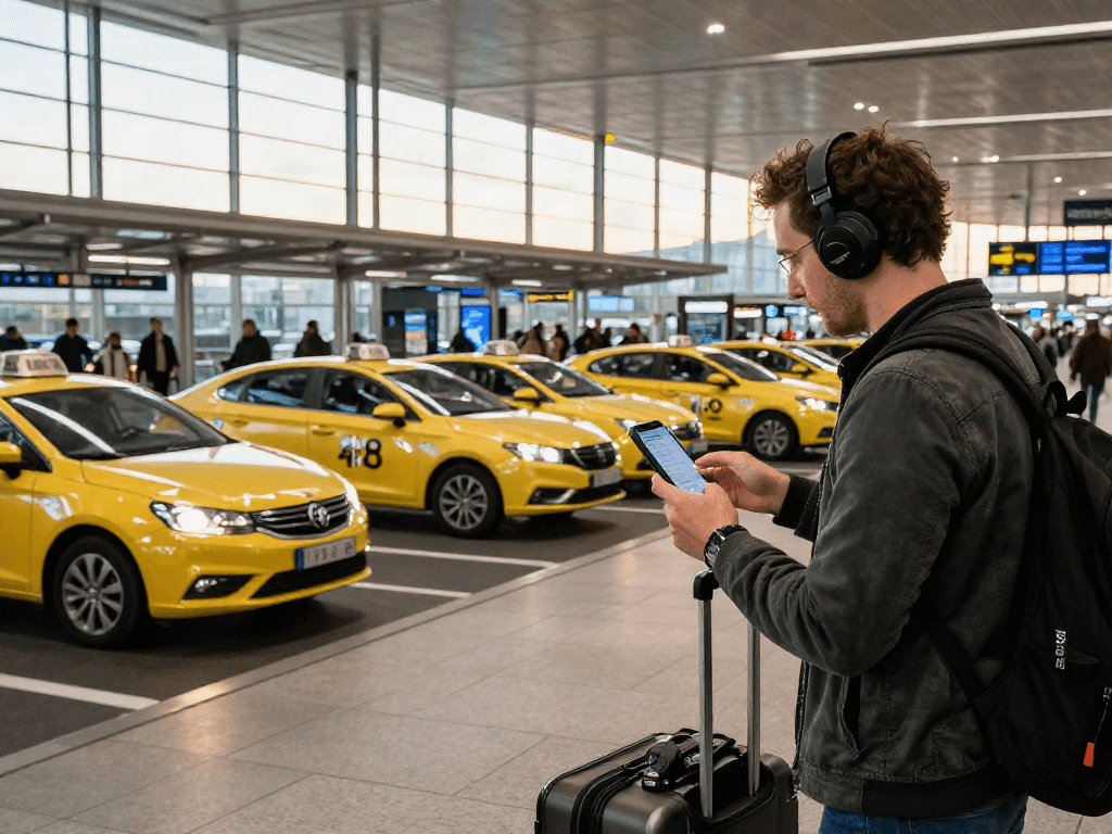 Flughafen Frankfurt Transport: Reisender mit Koffer beim Überprüfen von Fluginformationen.