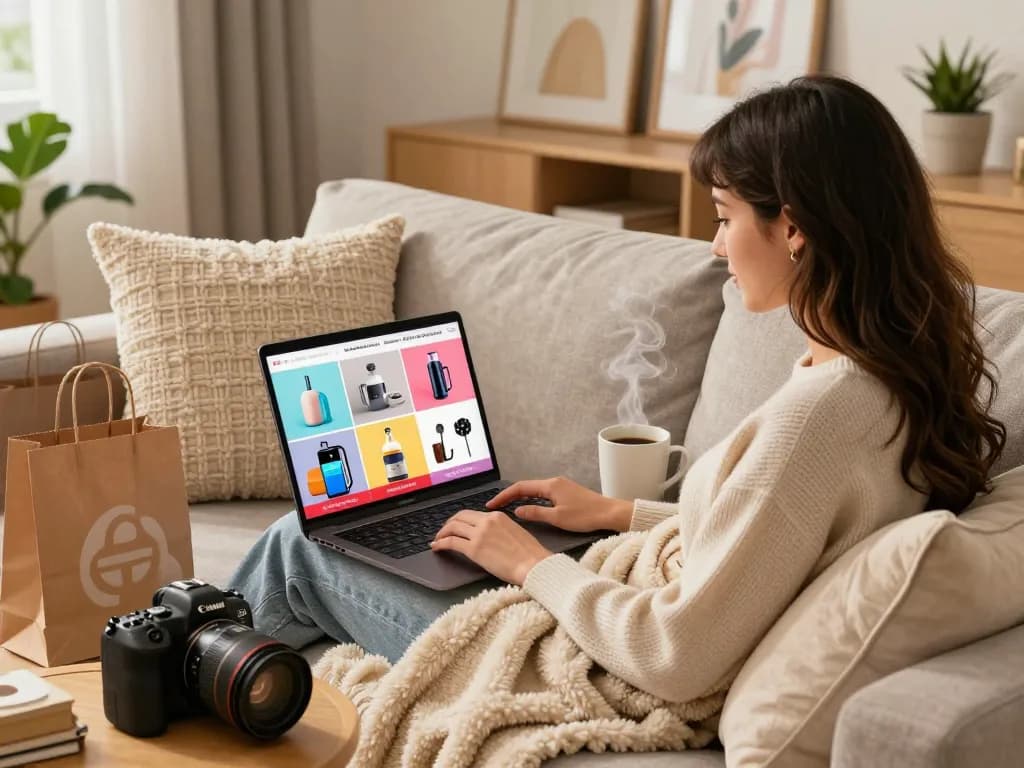 Fesselnde E-Commerce-Lifestyle-Szene mit einer Frau, die auf ihrem Laptop nach sofort lieferbaren Produkten einkauft.