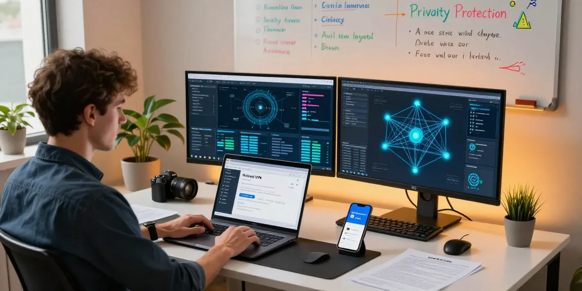 Mullvad VPN Test results displayed on a laptop in a modern cybersecurity office.
