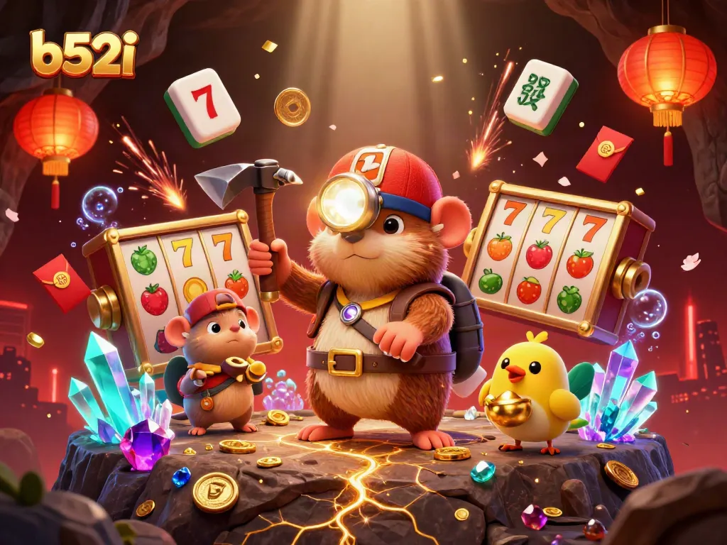 Engage in the thrilling b52i slot experience with vibrant treasure hunter and casino symbols.