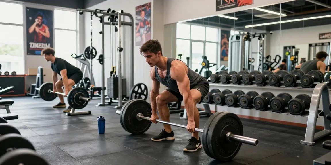 Kraftsportler in Aktion im Anabolika Shop Deutschland Fitnessstudio, zeigt intensives Training mit Kreuzheben und Gewichten.
