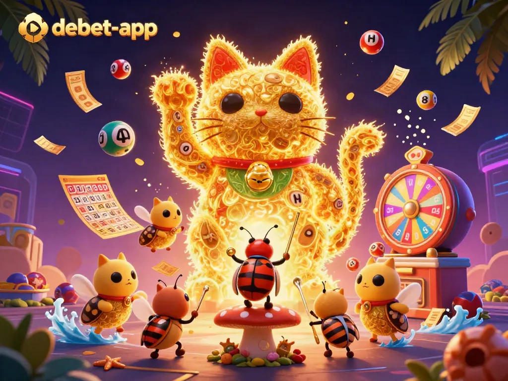 Experience the excitement of debet-app with a dynamic casino scene featuring a lucky cat and vibrant game elements.
