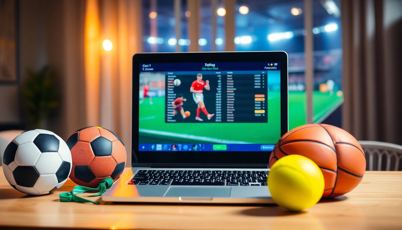 Entdecke legale Online Sportwetten auf einem Laptop, umgeben von Sportartikeln.