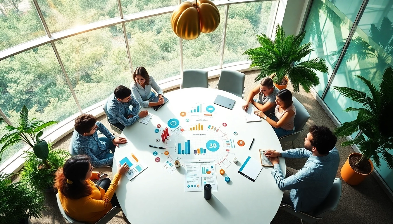 Visualize a dynamic team collaborating in a social media agency setting, highlighting creativity and strategy.