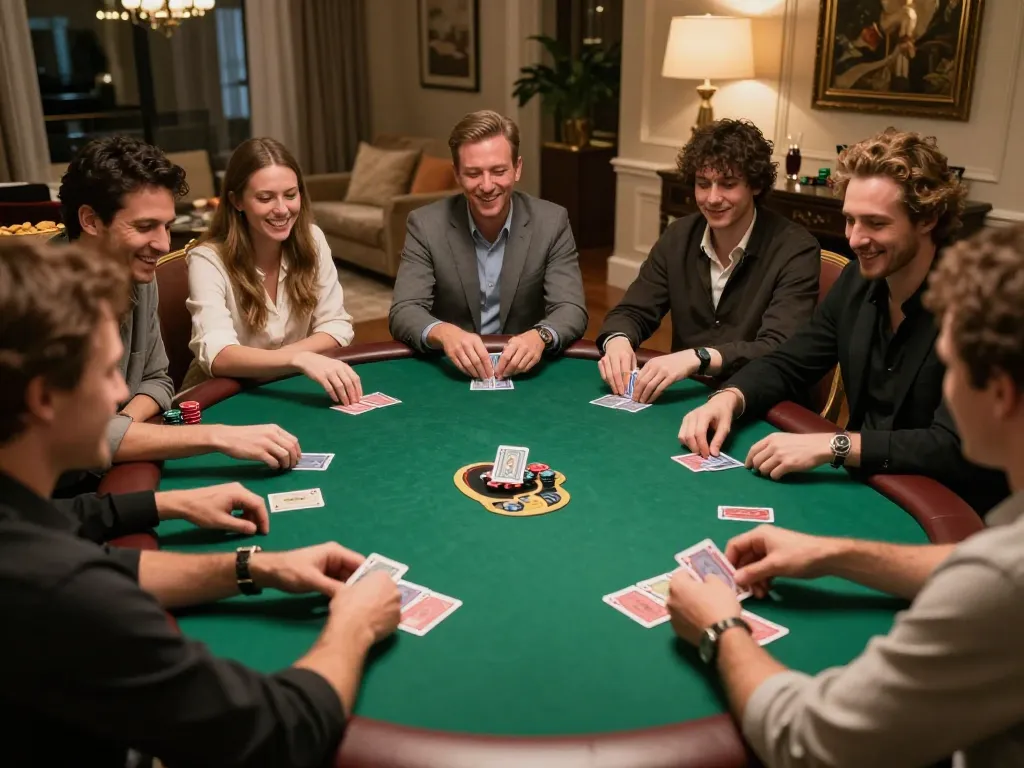 Players enjoying a home poker game at tg88, showcasing excitement with cards and chips