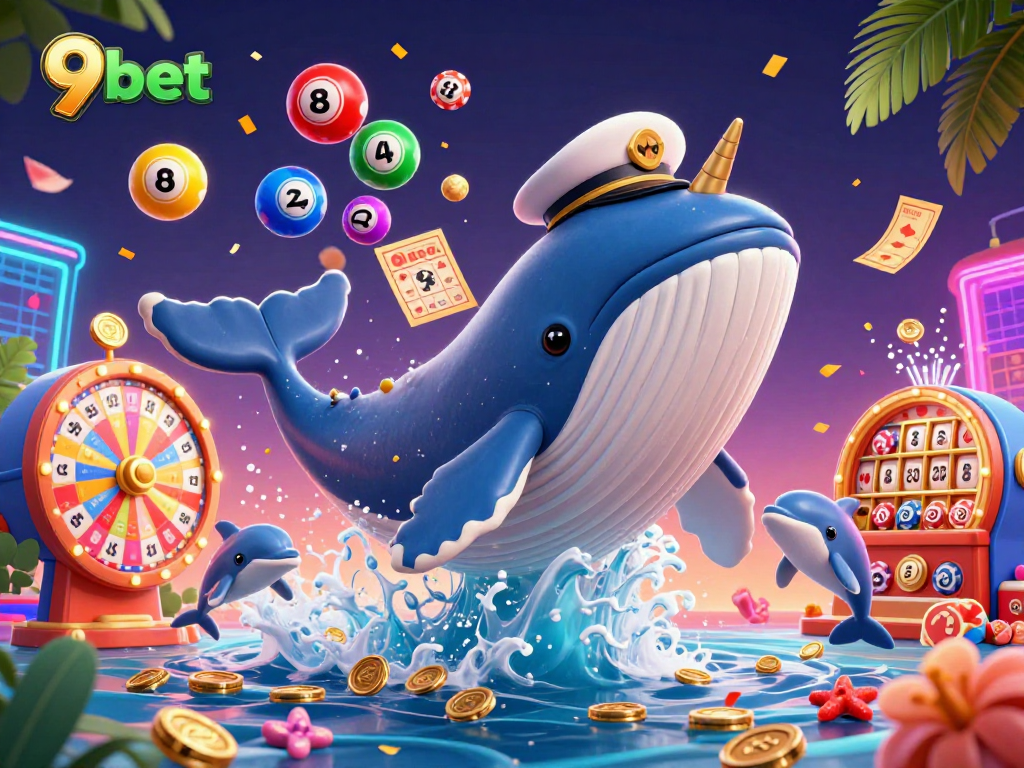 Engage in exciting games at 9bet with immersive visuals featuring a whale, narwhal, and dolphins.