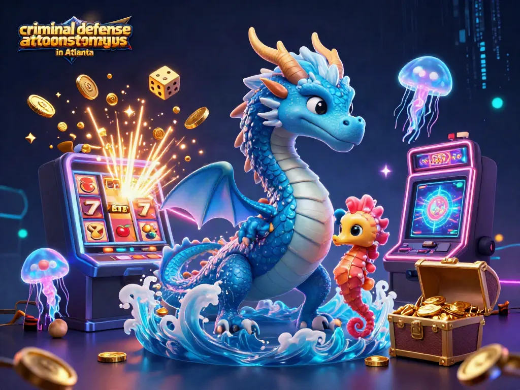 Exciting scene with criminal defense attorneys in Atlanta represented by animated characters amid casino elements like slots and dice.