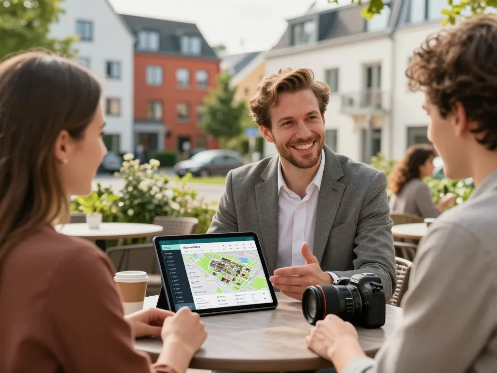 Immobilienmakler Frankfurt Preungesheim diskutiert Immobilienoptionen in einem Café und hebt Gemeinschafts- und Immobilienchancen hervor.