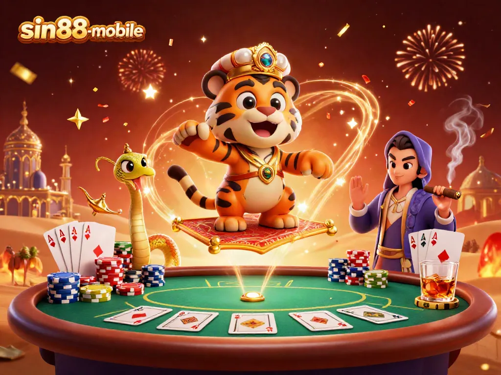 Experience thrilling gameplay at sin88-mobile with a vibrant representation of poker tables and rolling confetti celebrating wins.