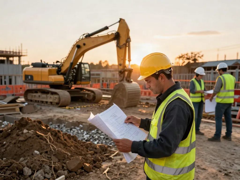 Baugrubensicherungskosten analysierend von Bauarbeiter vor Baustelle mit Baggern und Sicherheitsvorrichtungen.