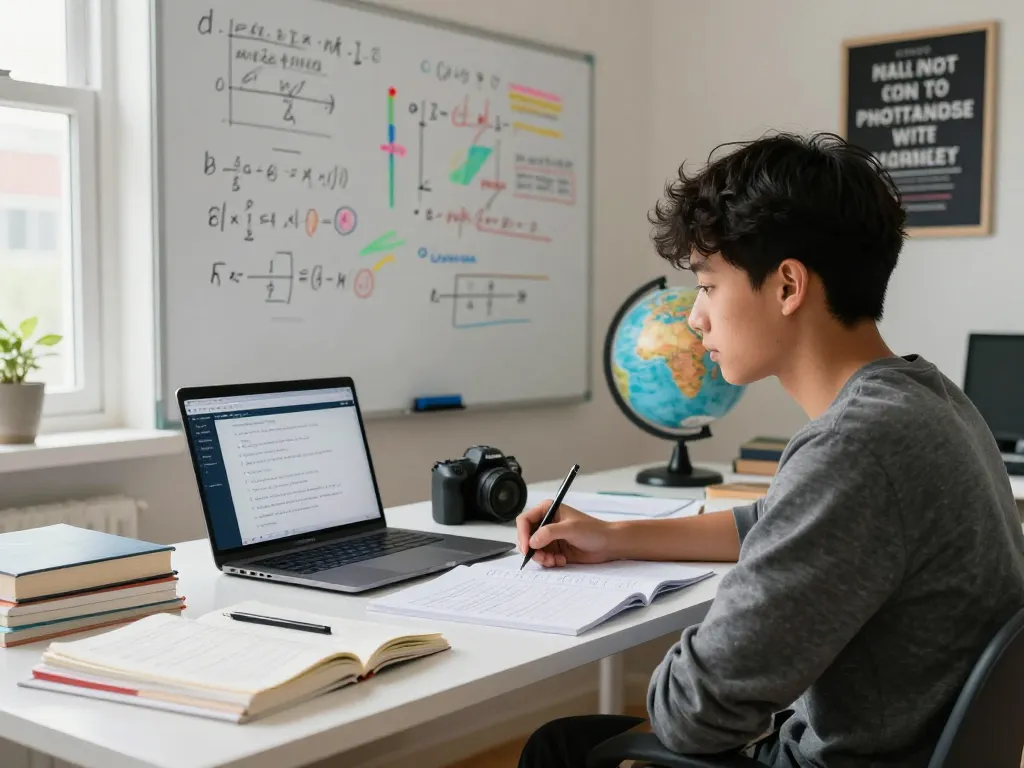 Student, der den Hausaufgaben KI-Hausaufgabenhelfer in einer modernen Lernumgebung mit Lehrbüchern und einem Laptop verwendet.