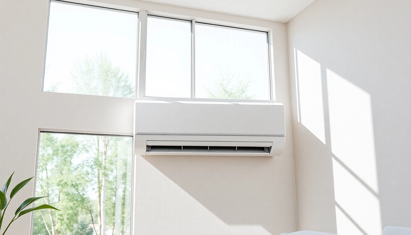 Modern Klimaanlage cooling an elegant living room with large windows and natural light.