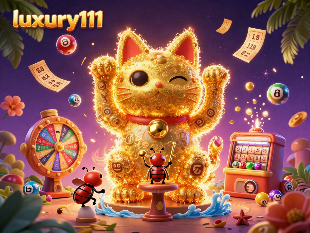 Experience luxury111 with vibrant golden fireflies and dynamic casino symbols in a lively 3D illustration.
