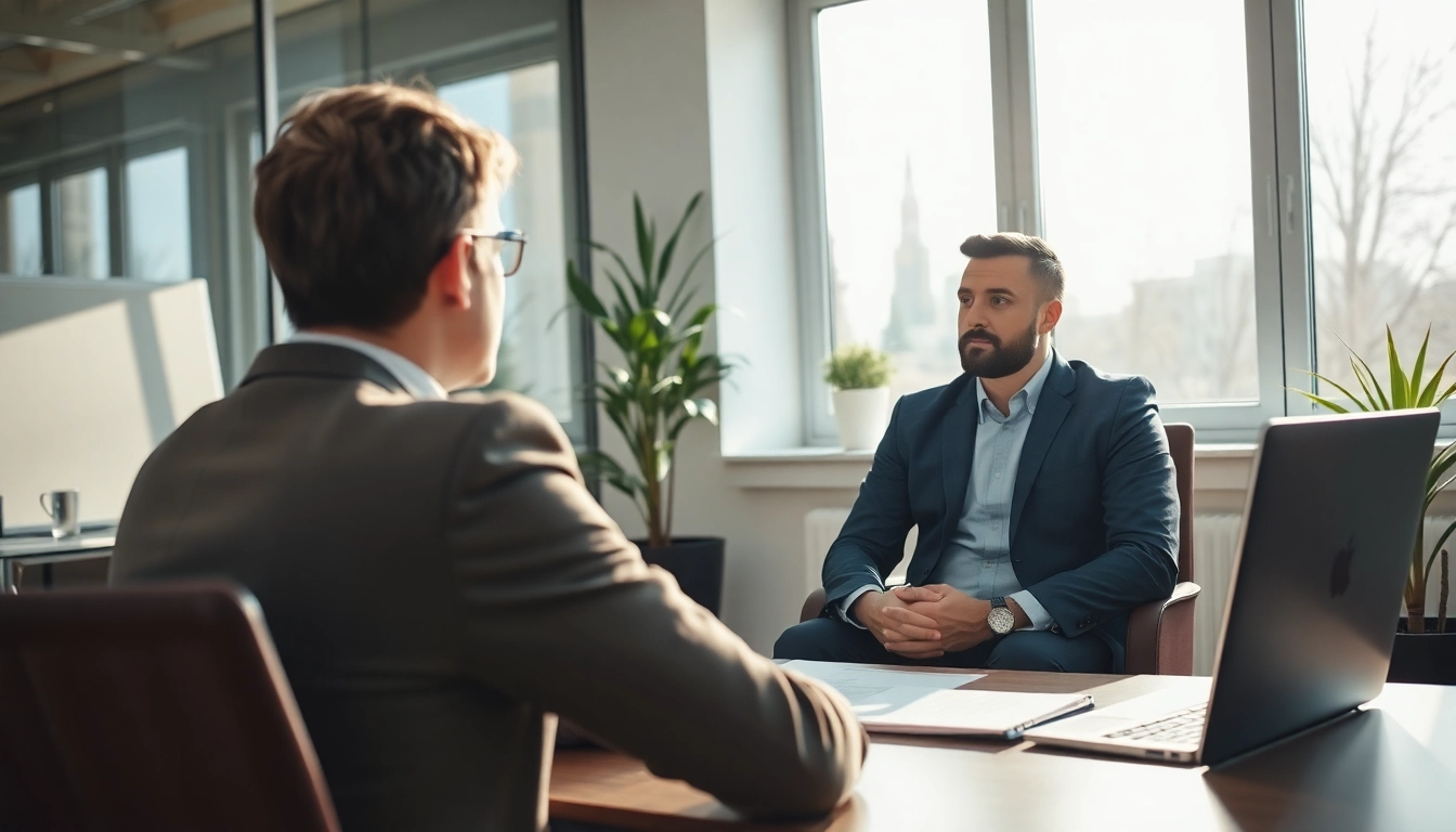 Visualisierung eines Jobwechsels: Business-Coach berät Klienten in modernem Büro.