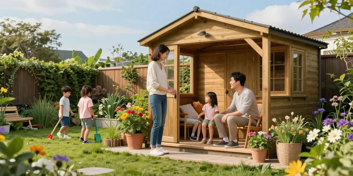 Gartenhaus kaufen: Familie entspannt im Garten mit einem stilvollen Holz-Gartenhaus.