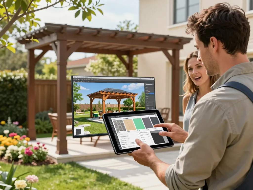 Installateur nutzt Pergola-Design-Software zur Anpassung von Pergolen in einer lebhaften Außenumgebung mit Kundenzufriedenheit.
