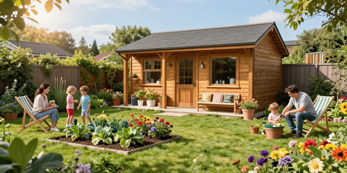 Schönes Gartenhaus Holz in einem einladenden Garten, umgeben von Blumen und einer Familie, die die Natur genießt.