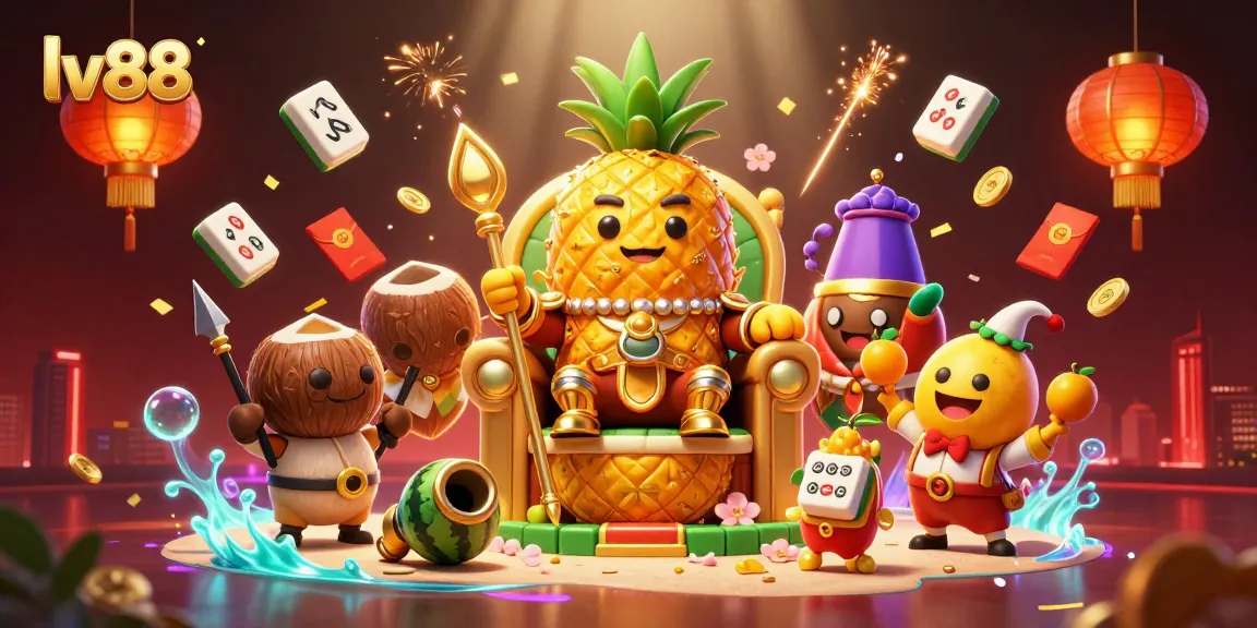 Experience lv88's thrilling casino atmosphere with our golden pineapple king and vibrant game elements.