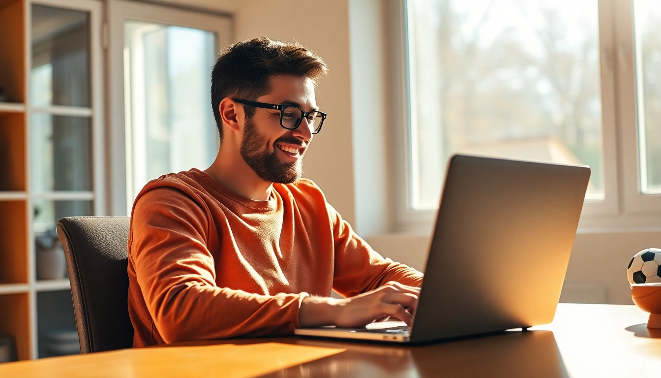 Glücklicher Wettspieler plant seine Strategie für wetten ohne lugas an einem Laptop in einem hellen Raum.