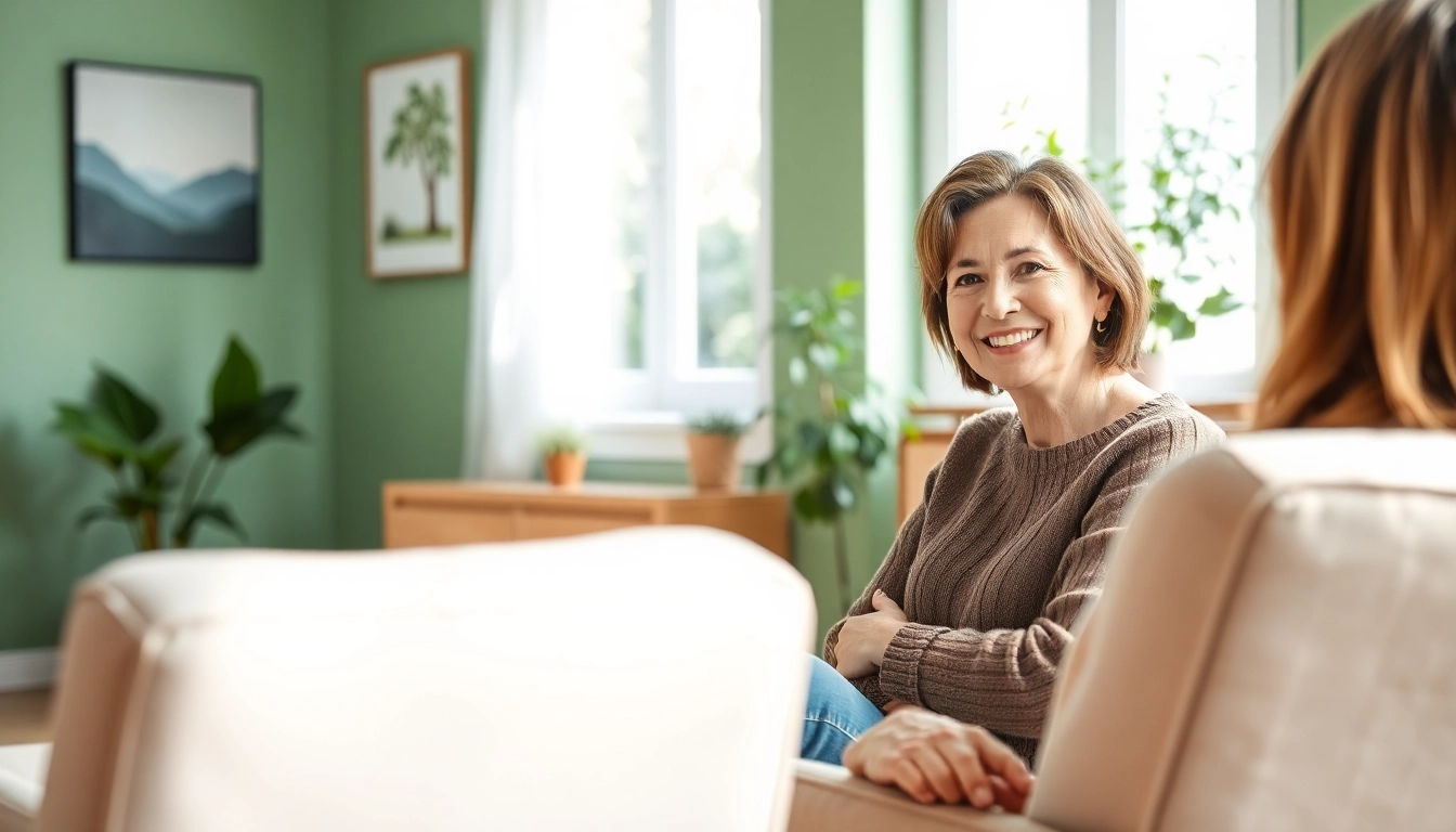 Engaging emotional wellbeing therapy session in a peaceful setting with a warm therapist.