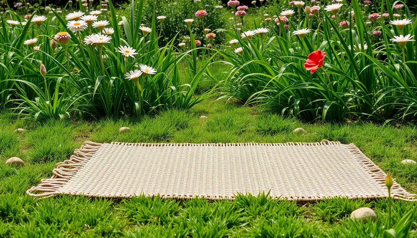 Hanfmatte in einer Outdoor-Gartenumgebung mit blühenden Blumen und grünem Gras.