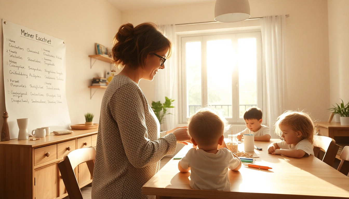Eine Mutter unterrichtet kreativ ihre Kinder zu Hause im Heimunterricht, umgeben von Bastelmaterial.
