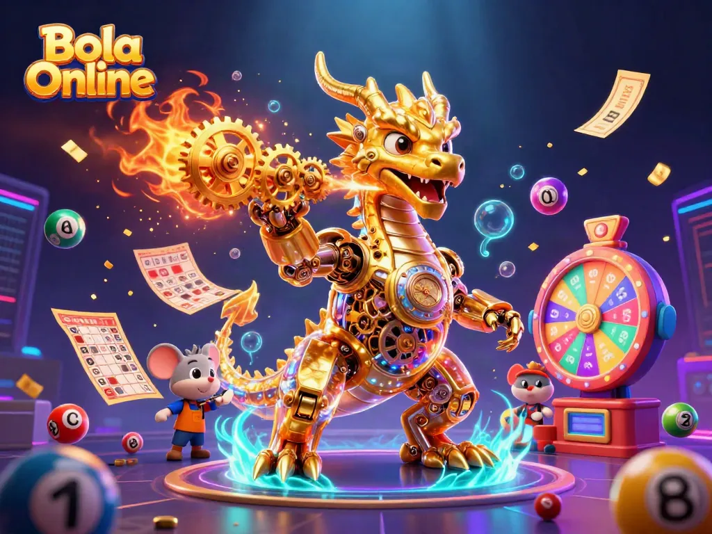 Bola Online showcases a captivating scene with a golden dragon and an engineer amidst dynamic casino elements