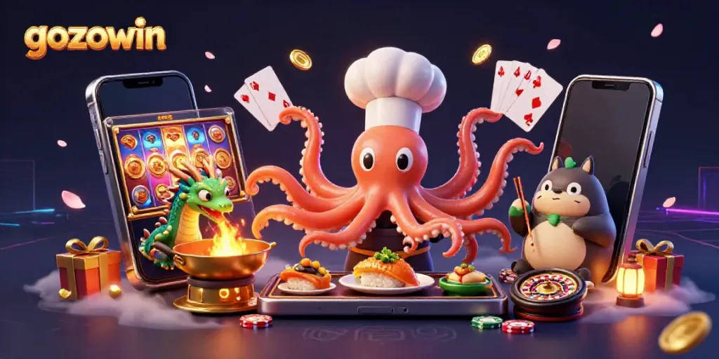 Spinning slot reels and golden dishes showcase gozowin's vibrant casino atmosphere.