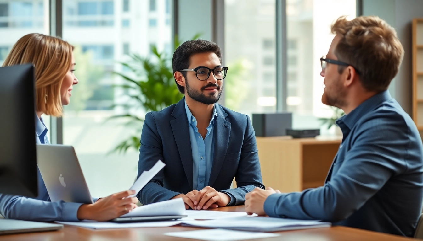 Headhunter discussing career opportunities with a client in a modern office setting, showcasing professionalism and expertise.