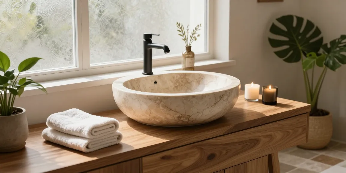 Stijlvolle waskom natuursteen outlet gepresenteerd in een moderne badkamer met natuurlijk licht en elegante accessoires.