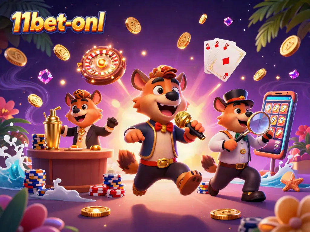Experience vibrant fun at 11bet-onl with animated hyenas in a dynamic casino scene.