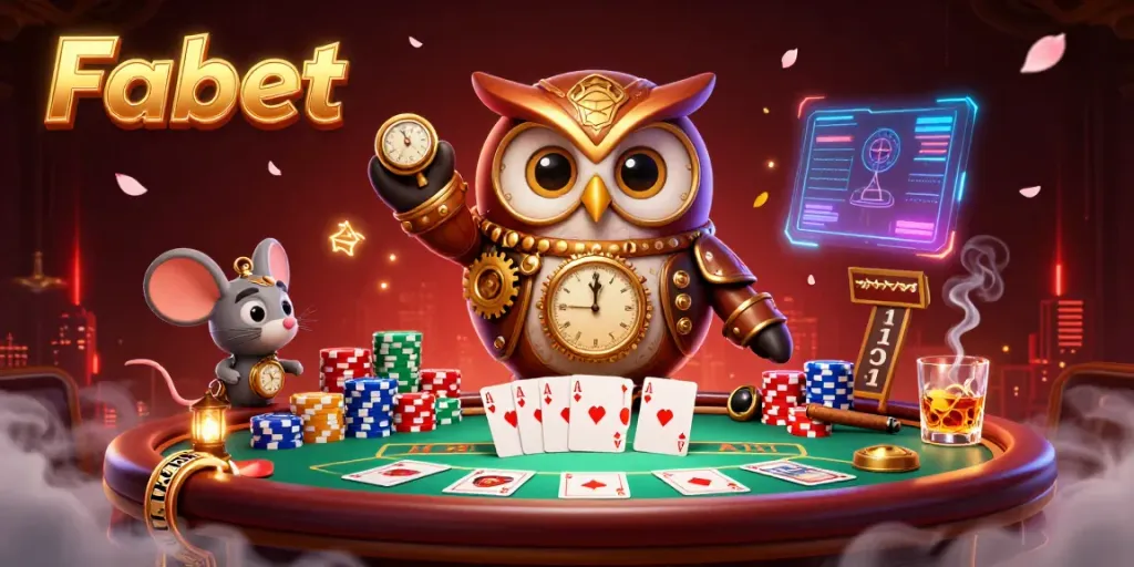 Experience thrilling action at Fabet as the cartoon owl and mouse navigate a vibrant casino scene filled with poker excitement.